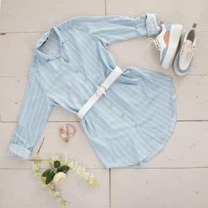 Spring fashion - blue shirt dress with white belt and sneaker shoes